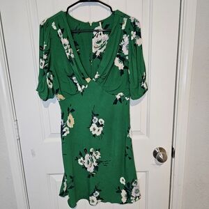Free People Stay Awhile Green Floral V-Neck Mini Dress Size 8